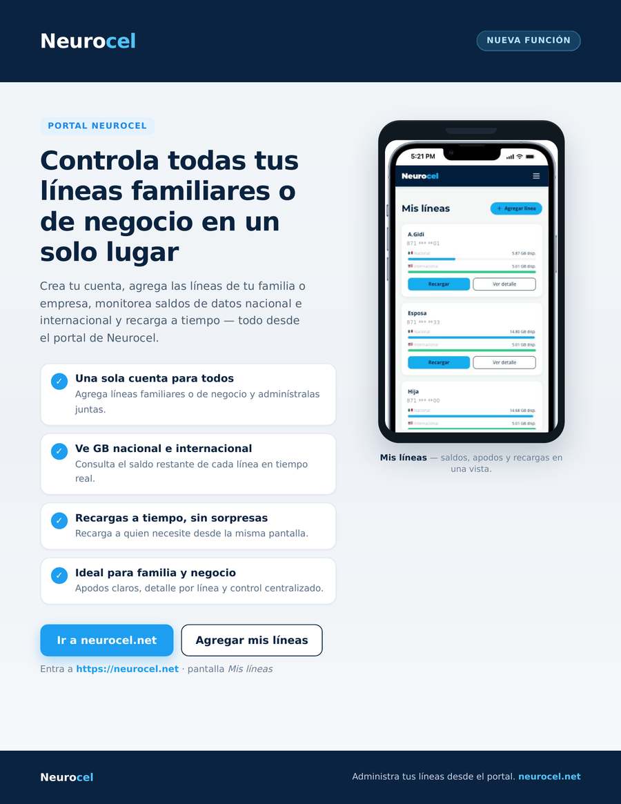 Folleto de la función Mis líneas de Neurocel: beneficios, recargas y vista de saldos